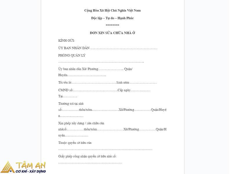 Xin giấy phép sửa chữa nhà cấp 4 ở đâu? Chi tiết thủ tục 3 Mẫu đơn xin phép sửa chữa nhà 1