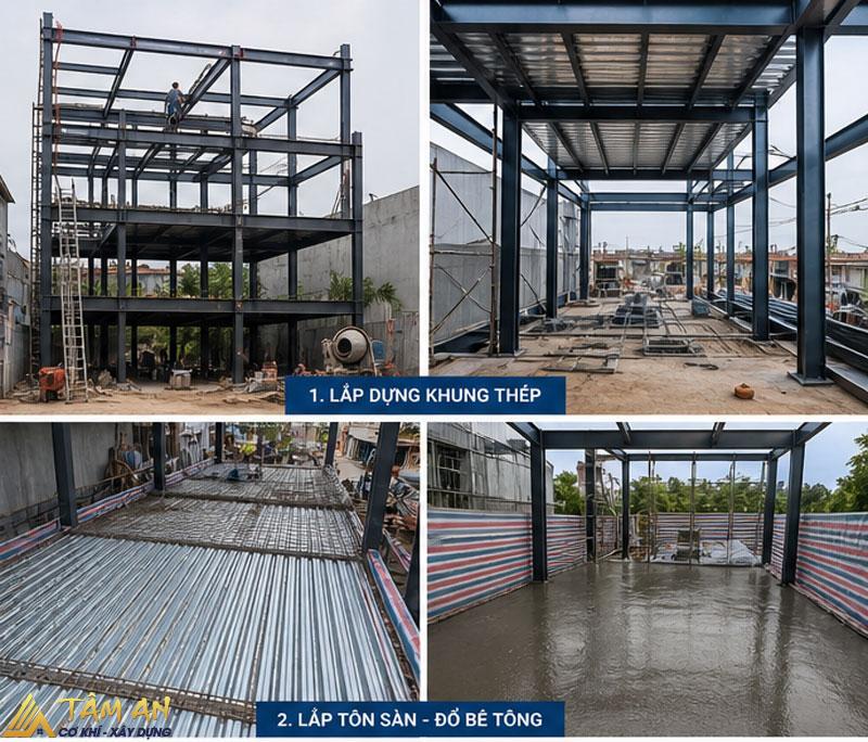 Chi phí xây nhà kết cấu thép 3 tầng làm nhà ở, showroom 4 Lắp khung thép và thi công sàn