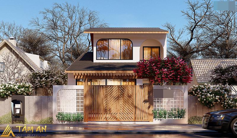 Thiết kế cổng nhà phố bằng nan gỗ đẹp, tiện nghi