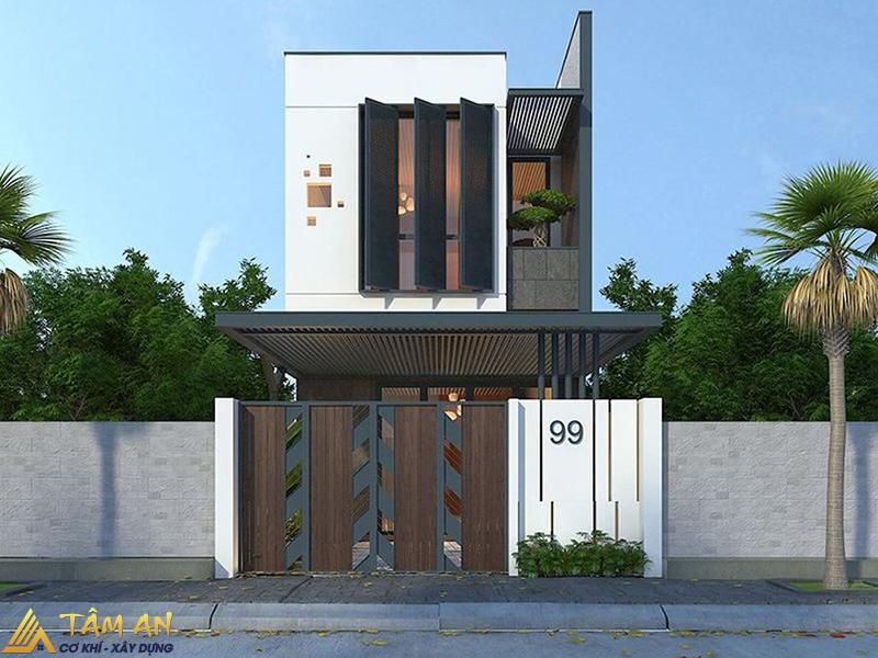 Mẫu cổng nhà ống hiện đại với chất liệu gỗ kết hợp thép CNC