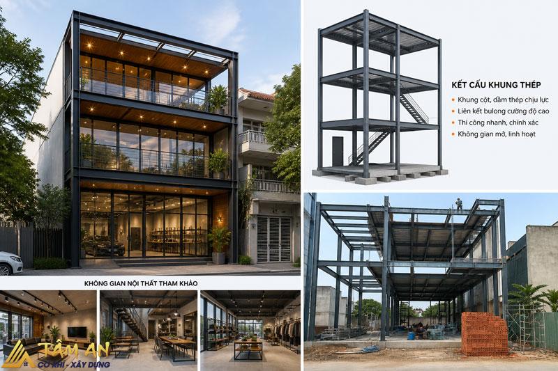 Chi phí xây nhà kết cấu thép 3 tầng làm nhà ở, showroom 3 Showroom xây từ kết cấu thép 3 tầng