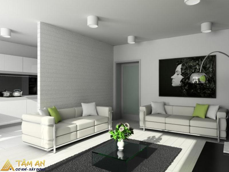 Sử dụng vách ngăn thạch cao phân chia khu vực phòng bếp và phòng khách