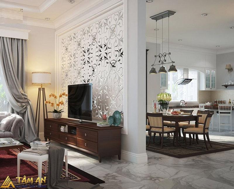 Vách ngăn thạch cao phòng khách – phòng bếp được thiết kế với hoa văn độc đáo